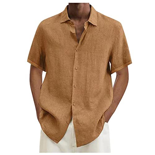 Hemd Herren Leinenhemd Kurzarm Hemd Slim Fit Freizeit Sommer Günstig Kleider Business Basic Oversize Shirt Blumen Kleidung Clothes Outfits Khaki 3XL von uxxnjfg