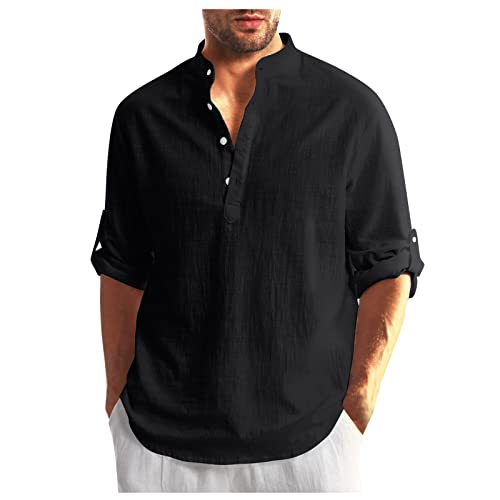 Leinenhemd Herren Langarm Shirt Sommer Slim Fit T-Shirt Leinenkleid Freizeit Outdoor Oversize Langarmshirt Islamische Kleidung T-Shirt V-Ausschnitt Herren Schwarz XL von uxxnjfg