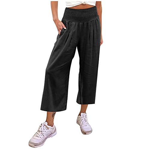 uxxnjfg Sommerhose Damen Leicht 7/8 Hosen Damen Sommer Leinen Culottes Palazzo Hose Caprihose Freizeithose Linen Pants Women Mit Gummizug Stretch Baggy Schlaghose Strandhose Outfits(Schwarz,XL) von uxxnjfg