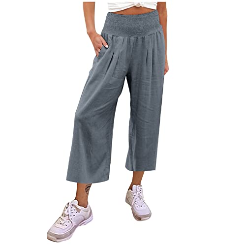 uxxnjfg Sommerhose Damen Leicht 7/8 Hosen Damen Sommer Leinen Culottes Palazzo Hose Freizeithose Yogahose Linen Pants Women Große Größen Stretch Locker Strandhose Schlaghose Outfits(Grau,XL) von uxxnjfg