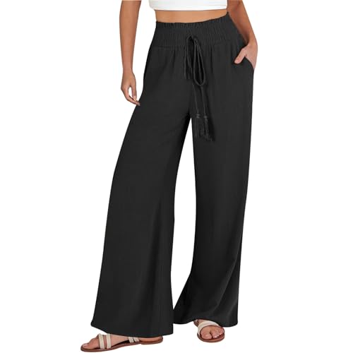 uxxnjfg Sommerhose Damen Leicht Leinenhose Damen Sommer Palazzo Musselin Weite Hosen Caprihose Haremshose Linen Pants Women Große Größen Baggy Locker Strandhose Schlaghose Outfits(Schwarz,M) von uxxnjfg