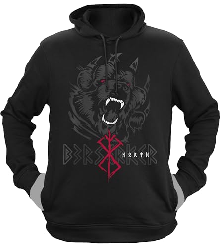 NØRTH Legendary Herren Hoodie mit Kapuze - Bär Björn Krieger Berserker - nordische Wikinger Walhalla Geschenke für Männer, Valhalla Viking Herren Pullover, Farbe:Schwarz/Blutrot, Größe:M von vanVerden