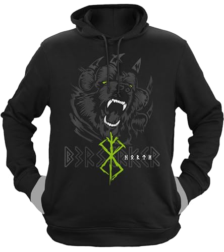 NØRTH Legendary Herren Hoodie mit Kapuze - Bär Björn Krieger Berserker - nordische Wikinger Walhalla Geschenke für Männer, Valhalla Viking Herren Pullover, Farbe:Schwarz/Grün, Größe:XL von vanVerden