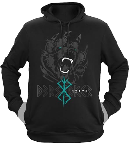 NØRTH Legendary Herren Hoodie mit Kapuze - Bär Björn Krieger Berserker - nordische Wikinger Walhalla Geschenke für Männer, Valhalla Viking Herren Pullover, Farbe:Schwarz/Petrol, Größe:L von vanVerden