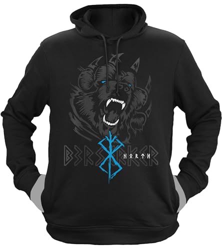 NØRTH Legendary Herren Hoodie mit Kapuze - Bär Björn Krieger Berserker - nordische Wikinger Walhalla Geschenke für Männer, Valhalla Viking Herren Pullover, Farbe:Schwarz/Blau, Größe:M von vanVerden