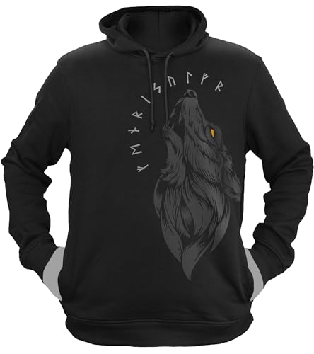 NØRTH Legendary Herren Hoodie mit Kapuze - Fenriswolf 1.0 Fenrir Wolf - nordische Wikinger Walhalla Geschenke für Männer, Valhalla Viking Herren Pullover, Farbe:Schwarz/Gelb, Größe:L von vanVerden