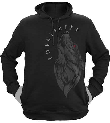 NØRTH Legendary Herren Hoodie mit Kapuze - Fenriswolf 1.0 Fenrir Wolf - nordische Wikinger Walhalla Geschenke für Männer, Valhalla Viking Herren Pullover, Farbe:Schwarz/Blutrot, Größe:M von vanVerden