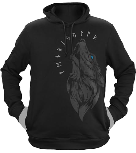 NØRTH Legendary Herren Hoodie mit Kapuze - Fenriswolf 1.0 Fenrir Wolf - nordische Wikinger Walhalla Geschenke für Männer, Valhalla Viking Herren Pullover, Farbe:Schwarz/Blau, Größe:S von vanVerden