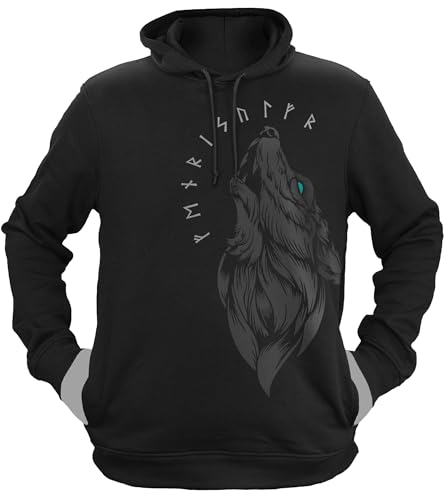 NØRTH Legendary Herren Hoodie mit Kapuze - Fenriswolf 1.0 Fenrir Wolf - nordische Wikinger Walhalla Geschenke für Männer, Valhalla Viking Herren Pullover, Farbe:Schwarz/Petrol, Größe:S von vanVerden