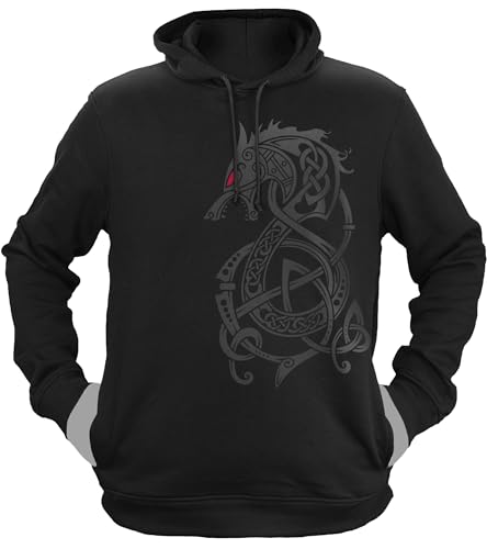 NØRTH Legendary Herren Hoodie mit Kapuze - Fenriswolf 2.0 Fenrir Wolf - nordische Wikinger Walhalla Geschenke für Männer, Valhalla Viking Herren Pullover, Farbe:Schwarz/Blutrot, Größe:3XL von vanVerden