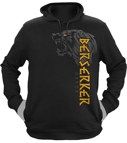 NØRTH Legendary Herren Hoodie mit Kapuze - Berserker Bär Krieger - nordische Wikinger Walhalla Geschenke für Männer, Valhalla Viking Herren Pullover, Farbe:Schwarz/Gelb, Größe:L von vanVerden