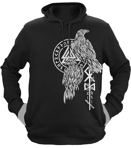 NØRTH Legendary Herren Hoodie mit Kapuze - Hugin und Munin Odin Raben - nordische Wikinger Walhalla Geschenke für Männer, Valhalla Viking Herren Pullover, Farbe:Schwarz/Weiß, Größe:XXL von vanVerden