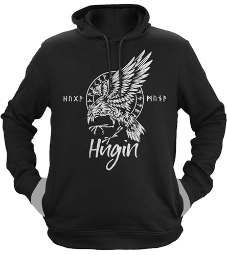 NØRTH Legendary Herren Hoodie mit Kapuze - Odin Rabe Hugin - nordische Wikinger Walhalla Geschenke für Männer, Valhalla Viking Herren Pullover, Farbe:Schwarz/Weiß, Größe:L von vanVerden