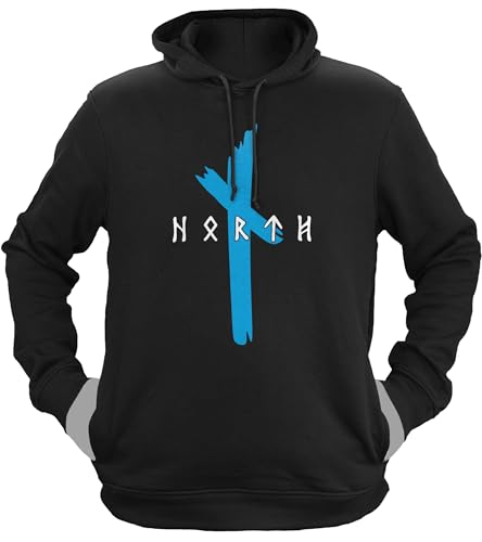 NØRTH Legendary Herren Hoodie mit Kapuze - Original North Runen Logo - nordische Wikinger Walhalla Geschenke für Männer, Valhalla Viking Herren Pullover, Farbe:Schwarz/Blau, Größe:XL von vanVerden