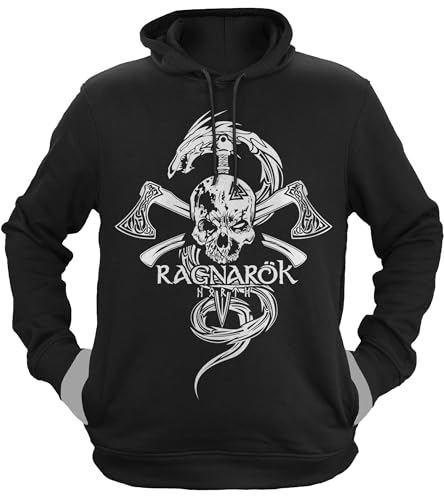 NØRTH Legendary Herren Hoodie mit Kapuze - Ragnarök Totenkopf - nordische Wikinger Walhalla Geschenke für Männer, Valhalla Viking Herren Pullover, Farbe:Schwarz/Weiß, Größe:XXL von vanVerden