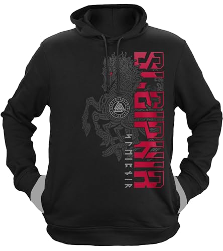 NØRTH Legendary Herren Hoodie mit Kapuze - Sleipnir Pferd 8 Beinen - nordische Wikinger Walhalla Geschenke für Männer, Valhalla Viking Herren Pullover, Farbe:Schwarz/Blutrot, Größe:L von vanVerden