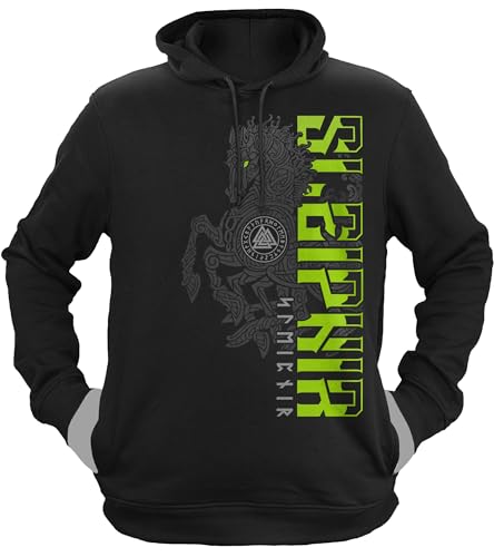 NØRTH Legendary Herren Hoodie mit Kapuze - Sleipnir Pferd 8 Beinen - nordische Wikinger Walhalla Geschenke für Männer, Valhalla Viking Herren Pullover, Farbe:Schwarz/Grün, Größe:3XL von vanVerden