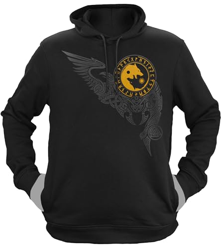 NØRTH Legendary Herren Hoodie mit Kapuze - Wölfe Skalli und Hatti - nordische Wikinger Walhalla Geschenke für Männer, Valhalla Viking Herren Pullover, Farbe:Schwarz/Gelb, Größe:L von vanVerden