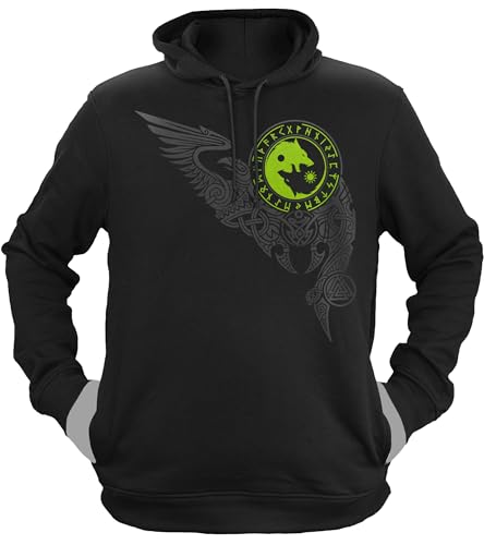 NØRTH Legendary Herren Hoodie mit Kapuze - Wölfe Skalli und Hatti - nordische Wikinger Walhalla Geschenke für Männer, Valhalla Viking Herren Pullover, Farbe:Schwarz/Grün, Größe:XS von vanVerden