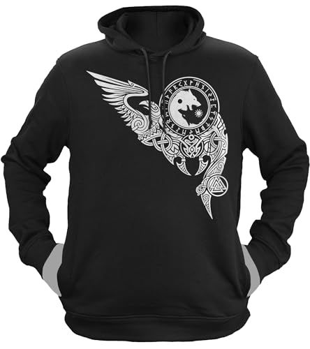 NØRTH Legendary Herren Hoodie mit Kapuze - Wölfe Skalli und Hatti - nordische Wikinger Walhalla Geschenke für Männer, Valhalla Viking Herren Pullover, Farbe:Schwarz/Weiß, Größe:L von vanVerden