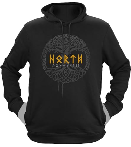 NØRTH Legendary Herren Hoodie mit Kapuze - Yggdrasil Lebensbaum - nordische Wikinger Walhalla Geschenke für Männer, Valhalla Viking Herren Pullover, Farbe:Schwarz/Gelb, Größe:XL von vanVerden