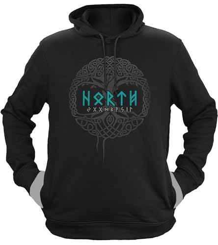 NØRTH Legendary Herren Hoodie mit Kapuze - Yggdrasil Lebensbaum - nordische Wikinger Walhalla Geschenke für Männer, Valhalla Viking Herren Pullover, Farbe:Schwarz/Petrol, Größe:S von vanVerden