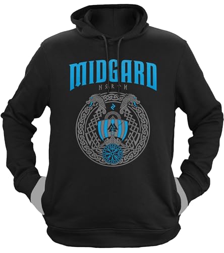 NØRTH Legendary Herren Hoodie mit Kapuze - Midgard - Floki Drachenboot - nordische Wikinger Walhalla Geschenke für Männer, Valhalla Viking Herren Pullover, Farbe:Schwarz/Blau, Größe:3XL von vanVerden