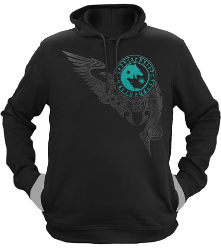 NØRTH Legendary Herren Hoodie mit Kapuze - Wölfe Skalli und Hatti - nordische Wikinger Walhalla Geschenke für Männer, Valhalla Viking Herren Pullover, Farbe:Schwarz/Petrol, Größe:S von vanVerden