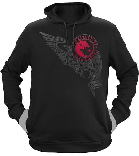 NØRTH Legendary Herren Hoodie mit Kapuze - Wölfe Skalli und Hatti - nordische Wikinger Walhalla Geschenke für Männer, Valhalla Viking Herren Pullover, Farbe:Schwarz/Blutrot, Größe:XXL von vanVerden