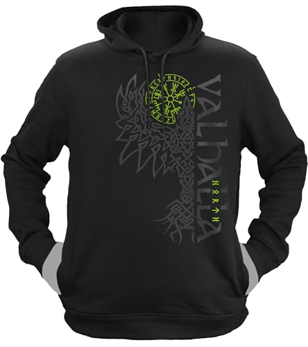 NØRTH Legendary Herren Hoodie mit Kapuze - Valhalla Odin Rabe Hugin Munin - nordische Wikinger Walhalla Geschenke für Männer, Valhalla Viking Herren Pullover, Farbe:Schwarz/Grün, Größe:3XL von vanVerden