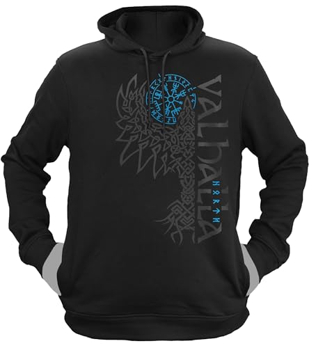 NØRTH Legendary Herren Hoodie mit Kapuze - Valhalla Odin Rabe Hugin Munin - nordische Wikinger Walhalla Geschenke für Männer, Valhalla Viking Herren Pullover, Farbe:Schwarz/Blau, Größe:L von vanVerden