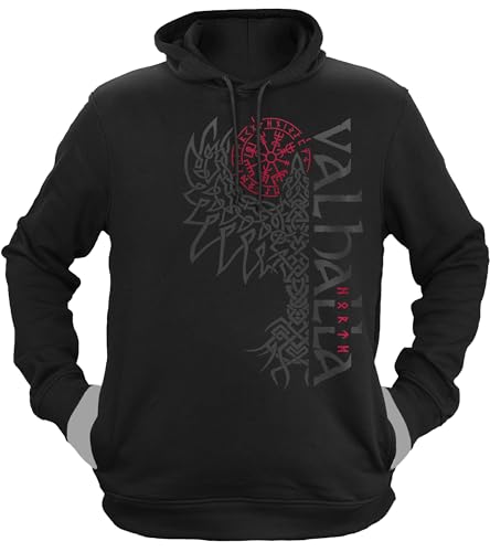 NØRTH Legendary Herren Hoodie mit Kapuze - Valhalla Odin Rabe Hugin Munin - nordische Wikinger Walhalla Geschenke für Männer, Valhalla Viking Herren Pullover, Farbe:Schwarz/Blutrot, Größe:L von vanVerden