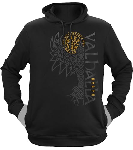 NØRTH Legendary Herren Hoodie mit Kapuze - Valhalla Odin Rabe Hugin Munin - nordische Wikinger Walhalla Geschenke für Männer, Valhalla Viking Herren Pullover, Farbe:Schwarz/Gelb, Größe:L von vanVerden