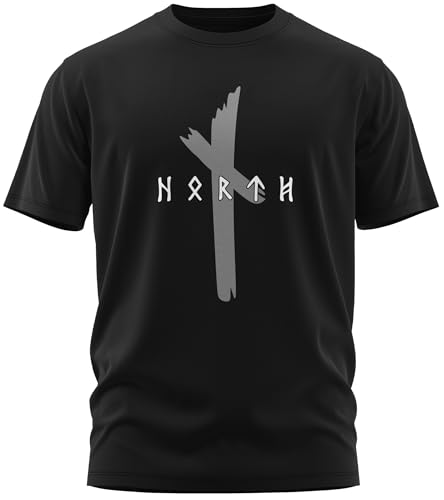 NØRTH Legendary Herren T-Shirt - Original North Runen Logo Brust Aufdruck, nordische Wikinger Walhalla Geschenke für Männer, Odin Thor Valhalla Viking Shirt, Farbe:Schwarz/Stahlgrau, Größe:M von vanVerden