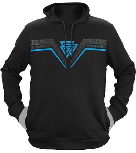 NØRTH Legendary Herren Hoodie mit Kapuze - Valknut Wotansknoten - nordische Wikinger Walhalla Geschenke für Männer, Valhalla Viking Herren Pullover, Farbe:Schwarz/Blau, Größe:S von vanVerden