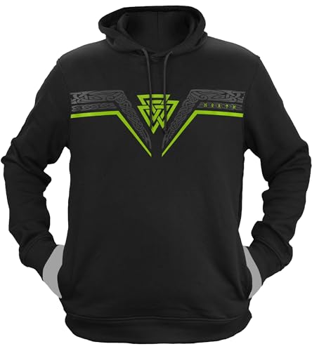 NØRTH Legendary Herren Hoodie mit Kapuze - Valknut Wotansknoten - nordische Wikinger Walhalla Geschenke für Männer, Valhalla Viking Herren Pullover, Farbe:Schwarz/Grün, Größe:XXL von vanVerden