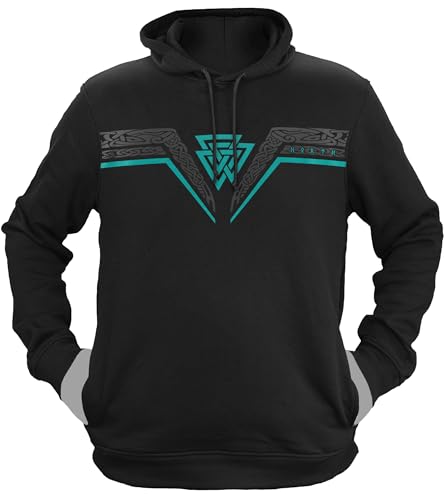 NØRTH Legendary Herren Hoodie mit Kapuze - Valknut Wotansknoten - nordische Wikinger Walhalla Geschenke für Männer, Valhalla Viking Herren Pullover, Farbe:Schwarz/Petrol, Größe:S von vanVerden