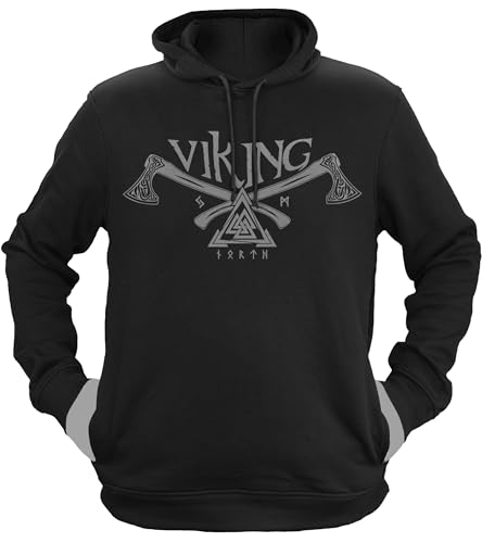 NØRTH Legendary Herren Hoodie mit Kapuze - Valknut Krieger Äxte - nordische Wikinger Walhalla Geschenke für Männer, Valhalla Viking Herren Pullover, Farbe:Schwarz/Stahlgrau, Größe:XL von vanVerden