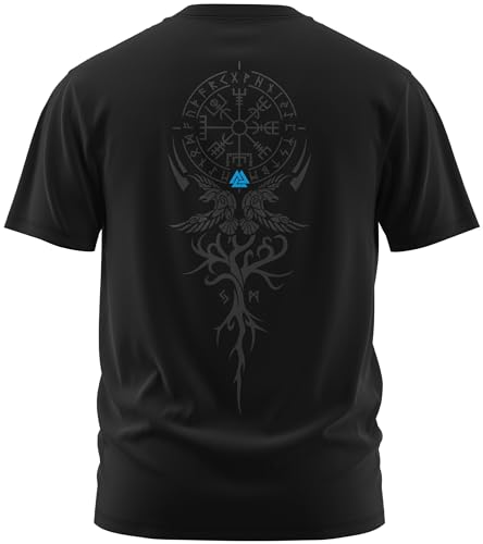 NØRTH Legendary Herren T-Shirt - Vegvisir Weltesche Weltenbaum Rücken Design, nordische Wikinger Walhalla Geschenke für Männer, Odin Thor Valhalla Viking Shirt, Farbe:Schwarz/Blau, Größe:4XL von vanVerden