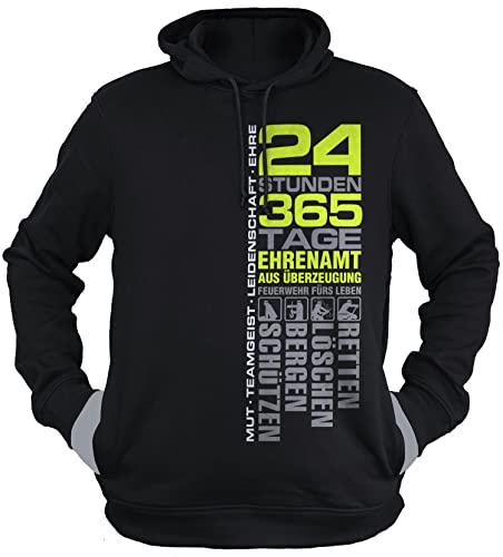 vanVerden Feuerwehr - Hoodie Herren Freiwillige Feuerwehr - 24 Stunden 365 Tage Ehrenamt - Neon Gelb - Pullover Herren Geschenk für Männer, Farbe:Schwarz, Größe:L von vanVerden