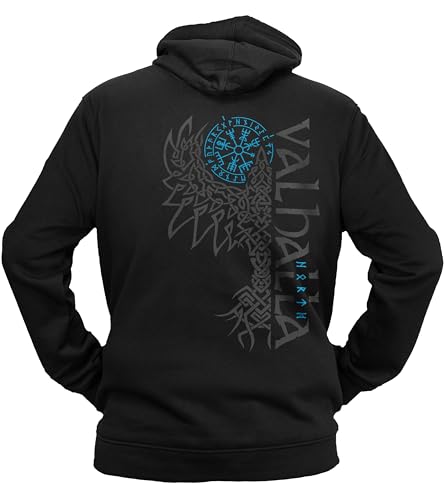 vanVerden NØRTH Legendary Herren Hoodie mit Kapuze - Valhalla Odin Rabe Hugin Munin Rücken Aufdruck - nordische Wikinger Walhalla Geschenke für Männer, Valhalla Viking, Farbe:Schwarz/Blau, Größe:XXL von vanVerden