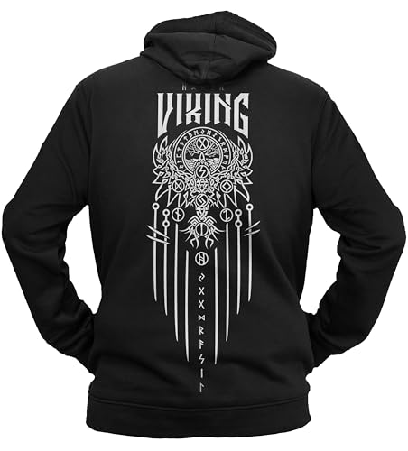 vanVerden NØRTH Legendary Herren Hoodie mit Kapuze - Vegvisir Weltesche Weltenbaum Rücken Aufdruck - nordische Wikinger Walhalla Geschenke für Männer, Valhalla Viking, Farbe:Schwarz/Weiß, Größe:M von vanVerden