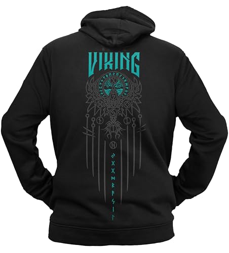 vanVerden NØRTH Legendary Herren Hoodie mit Kapuze - Yggdrasil 9 Welten Weltenbaum Rücken Aufdruck - nordische Wikinger Walhalla Geschenke für Männer, Valhalla Viking, Farbe:Schwarz/Petrol, Größe:XL von vanVerden