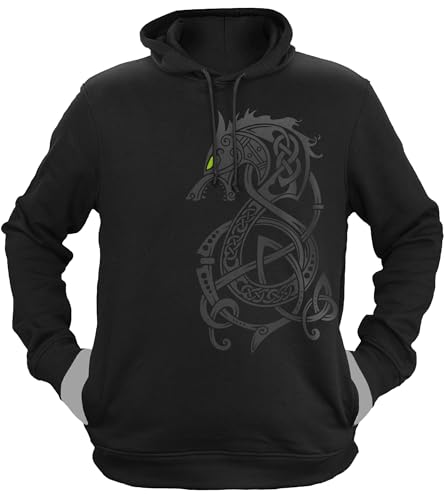 NØRTH Legendary Herren Hoodie mit Kapuze - Fenriswolf 2.0 Fenrir Wolf - nordische Wikinger Walhalla Geschenke für Männer, Valhalla Viking Herren Pullover, Farbe:Schwarz/Grün, Größe:L von vanVerden