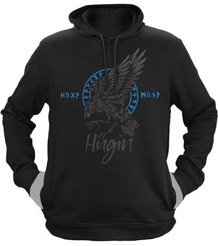 NØRTH Legendary Herren Hoodie mit Kapuze - Odin Rabe Hugin - nordische Wikinger Walhalla Geschenke für Männer, Valhalla Viking Herren Pullover, Farbe:Schwarz/Blau, Größe:S von vanVerden