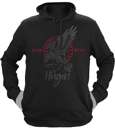 NØRTH Legendary Herren Hoodie mit Kapuze - Odin Rabe Hugin - nordische Wikinger Walhalla Geschenke für Männer, Valhalla Viking Herren Pullover, Farbe:Schwarz/Blutrot, Größe:L von vanVerden