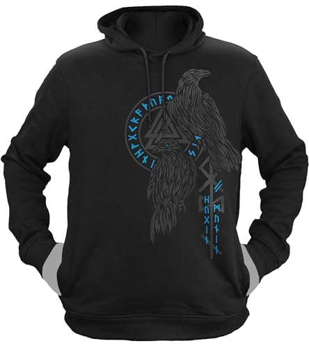 NØRTH Legendary Herren Hoodie mit Kapuze - Hugin und Munin Odin Raben - nordische Wikinger Walhalla Geschenke für Männer, Valhalla Viking Herren Pullover, Farbe:Schwarz/Blau, Größe:L von vanVerden