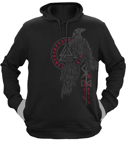 NØRTH Legendary Herren Hoodie mit Kapuze - Hugin und Munin Odin Raben - nordische Wikinger Walhalla Geschenke für Männer, Valhalla Viking Herren Pullover, Farbe:Schwarz/Blutrot, Größe:L von vanVerden