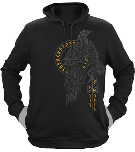 NØRTH Legendary Herren Hoodie mit Kapuze - Hugin und Munin Odin Raben - nordische Wikinger Walhalla Geschenke für Männer, Valhalla Viking Herren Pullover, Farbe:Schwarz/Gelb, Größe:S von vanVerden