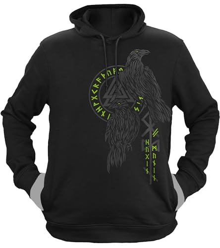 NØRTH Legendary Herren Hoodie mit Kapuze - Hugin und Munin Odin Raben - nordische Wikinger Walhalla Geschenke für Männer, Valhalla Viking Herren Pullover, Farbe:Schwarz/Grün, Größe:XL von vanVerden